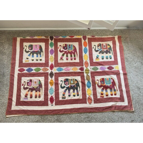 Vintage Handmade Indian Kantha quilt king size Elephant Patchwork Boho Bedspread - Picture 1 of 15